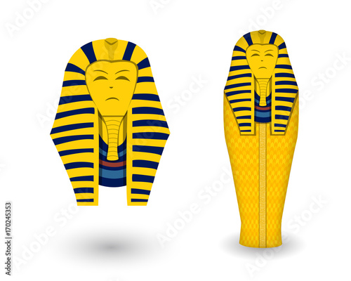 Pharaoh coffin and mask on white, vector