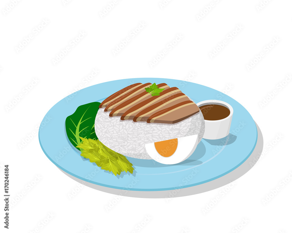 Stewed pork leg on rice, perspective view, vector