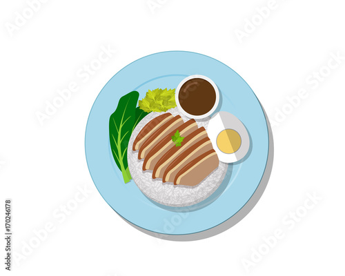 Stewed pork leg on rice, Top view Vector Thai food