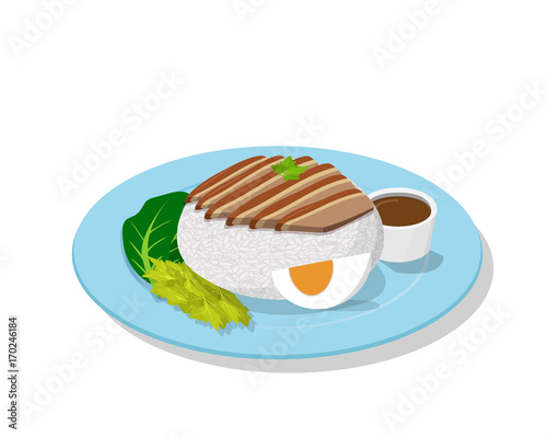Stewed pork leg on rice, perspective view, vector