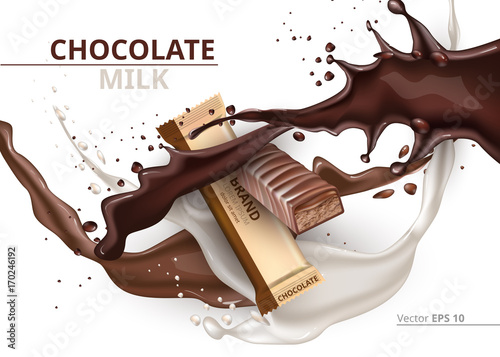 Chocolate bar caramel realistic Mock up Vector label design. Splash and chocolate drops background
