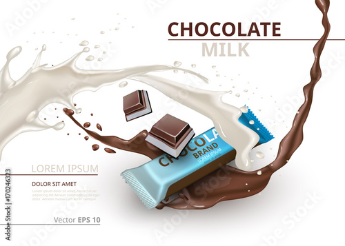 Chocolate bar with milk realistic Mock up Vector label design. Splash and chocolate drops background