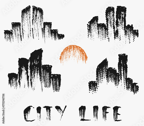 Set with silhouettes of cities in grunge style, black halftone prints on white background