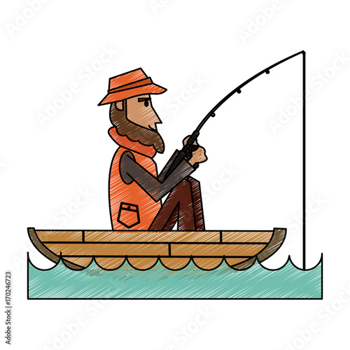 Fisherman inside boat of fishing catch and hobby theme Isolated design Vector illustration