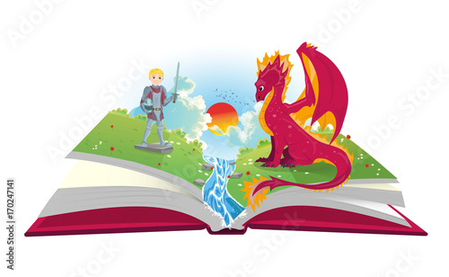 Book of fairytales with knight and dragon illustration