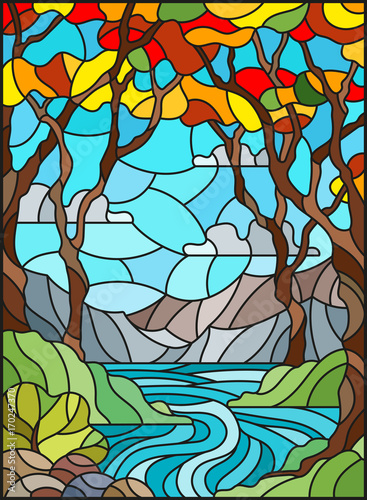 Illustration in stained glass style with a rocky Creek in the background of the Sunny sky, mountains, trees and fields,autumn landscape