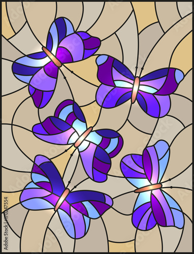 illustration in the style of stained glass with the purple abstract butterflies on a brown background