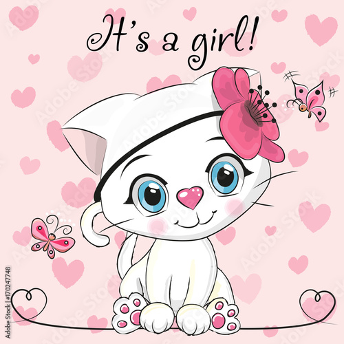 Baby Shower Greeting Card with Kitten girl