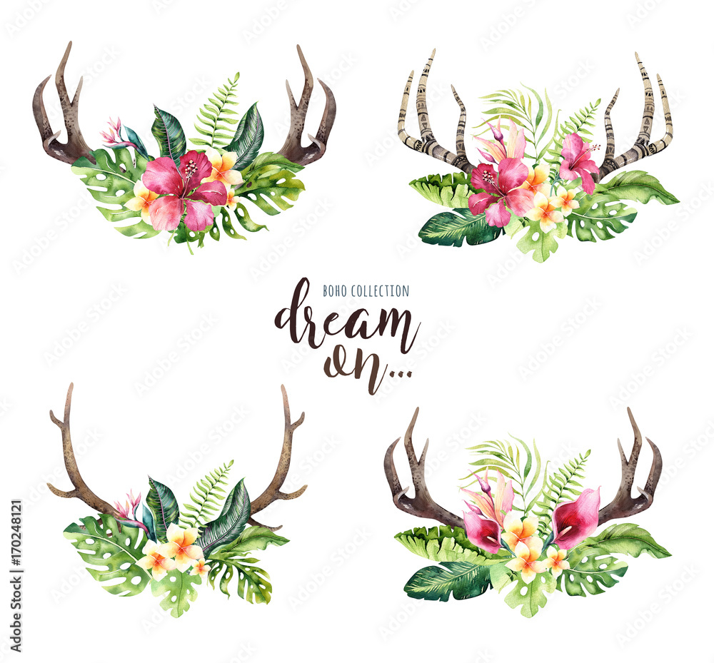 Naklejka premium Hand drawn watercolor deer horns with tropical flower bouquets. Exotic palm leaves, jungle tree, brazil tropic botany flowers and cow skull. Aloha collection.
