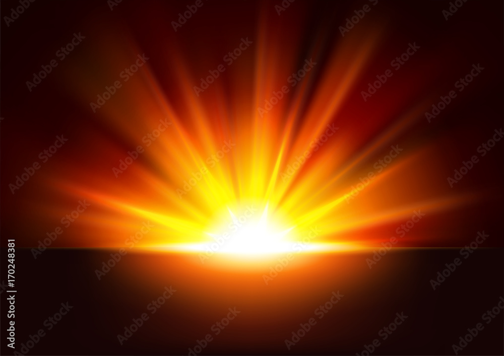 Fototapeta premium Golden Rays rising on dark background. Vector Illustration