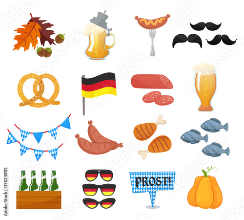 Traditional symbols of the Oktoberfest icons set. German national Oktoberfest objects isolated on white background. Cartoon style vector illusrtration
