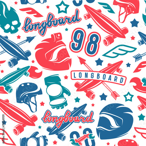 Seamless pattern with image of longboarding equipment