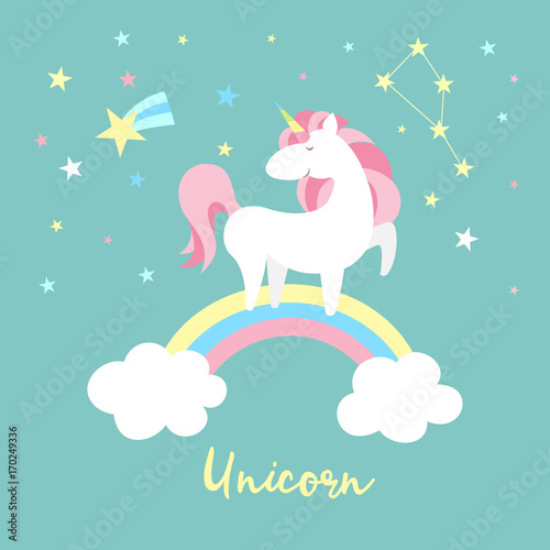 Unicorn character set. Cute magic collection with unicorn, rainbow, heart ,fairy wings and balloon. Catroon style vector illustration