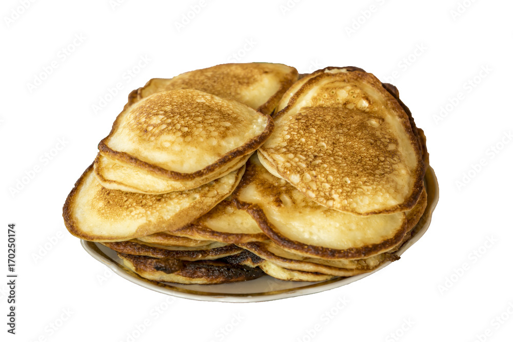 pile of pancakes on a plate isolated on white