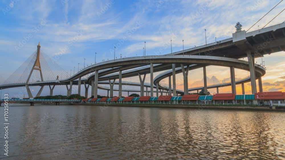 Day to night Time lapse of Beautiful Big Bhumibol Bridge / Big bridge at the river Day to night Time lapse of Beautiful Big Bhumibol Bridge / Big bridge at the river
