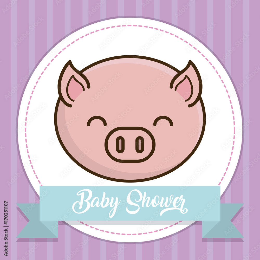 baby shower card with cute pig icon over purple background colorful design vector illustration