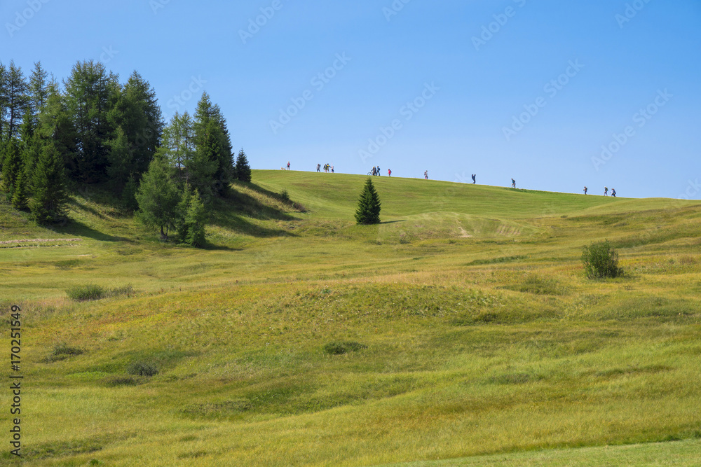 Mountain landscape with hikers walking in the meadow Mountain landscape with hikers walking in the meadow