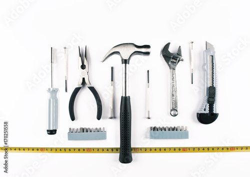 Set of various tools on white background.