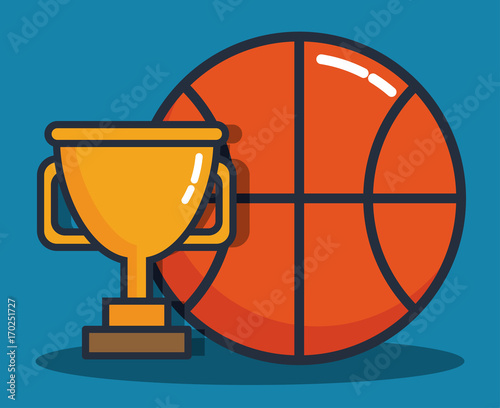 basteball ball and trophy icon over blue background colorful design vector illustration