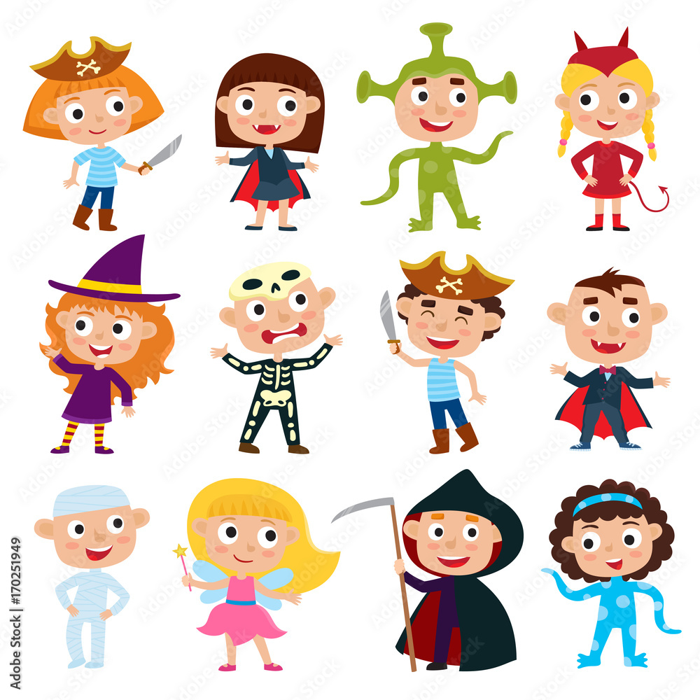 Vector set of cute cartoon children in colorful halloween costum