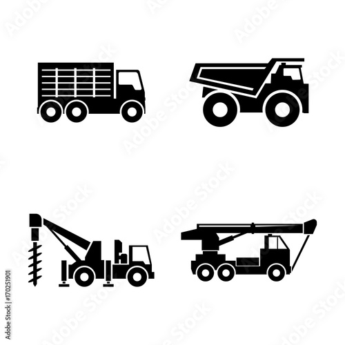 Construction vehicles. Simple Related Vector Icons Set for Video, Mobile Apps, Web Sites, Print Projects and Your Design. Black Flat Illustration on White Background.