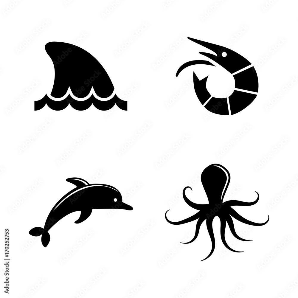 Naklejka premium Marine Life. Simple Related Vector Icons Set for Video, Mobile Apps, Web Sites, Print Projects and Your Design. Black Flat Illustration on White Background.