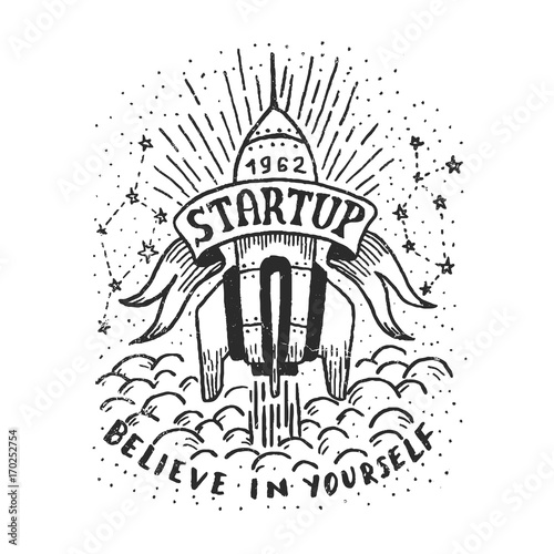 Hand-drawn logo with a flying rocket. Startup careless emblem.