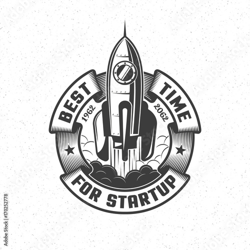 Logo with a launching spaceship and a circular banner in retro style. Vector illustration.
