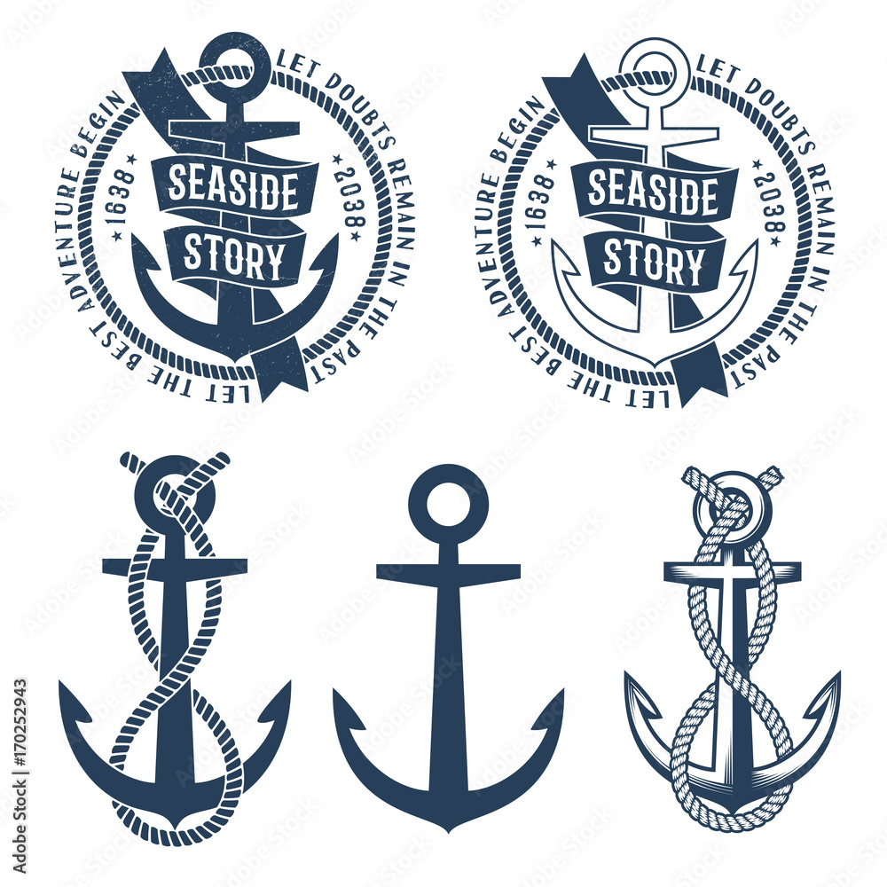 Anchor tattoo logos with ribbon, rope and seaside story words on it. Retro  nautical emblem. Rubbed texture on a separate layer and can be easily  disabled. Stock Vector | Adobe Stock