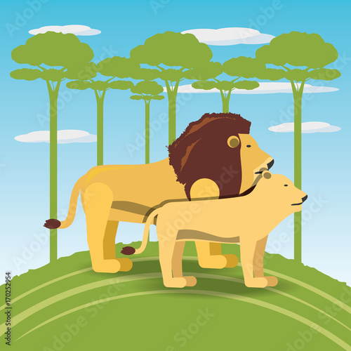 tiger and lion icon over africa jungles landscape colorful design vector illustration