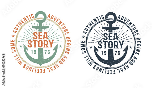 Vintage marine logo, tattoo with anchor and inscription sea story. Monochrome and color version. Worn texture on a separate layer and can be disabled.