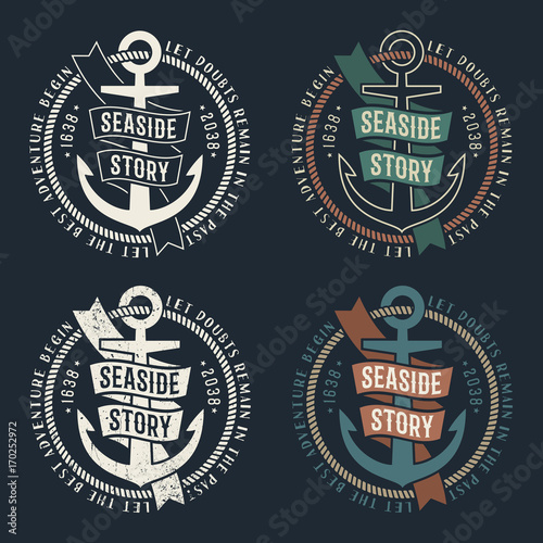 Set of marine retro emblems with anchor and ribbon on dark background. Rubbed texture on a separate layer and can be easily disabled.