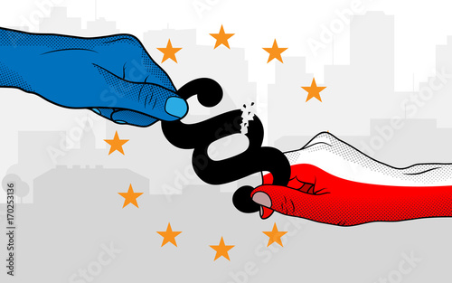European Union versus Poland. Hands holding paragraph sign.