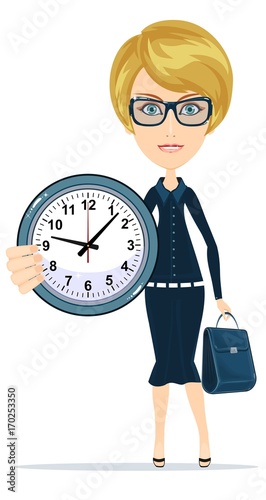 Time management. Woman character Holding Clock. Time management concept. Isolated on white background. Stock vector illustration photo