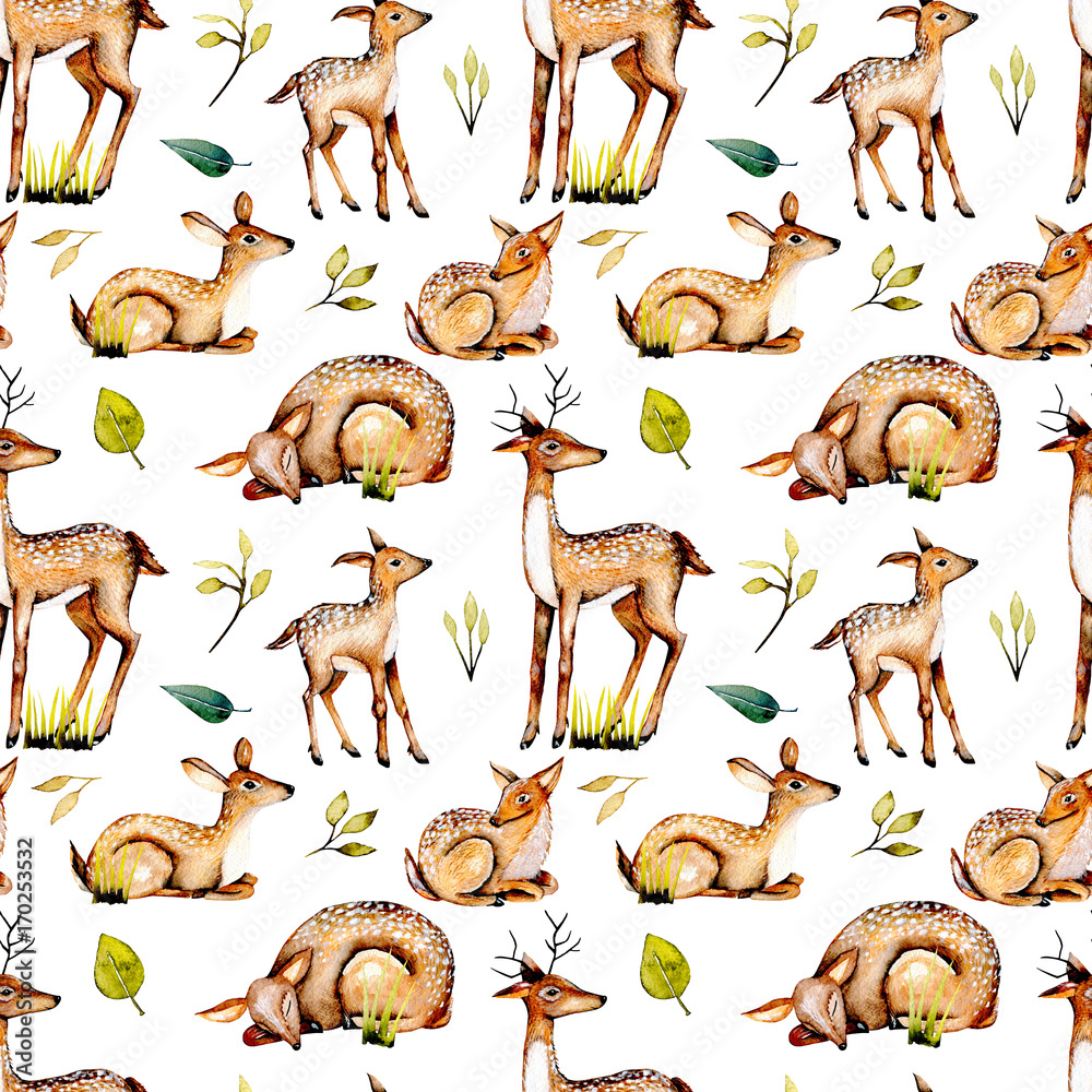 Obraz Seamless pattern with watercolor deers, baby deers and floral elements, hand painted isolated on white background