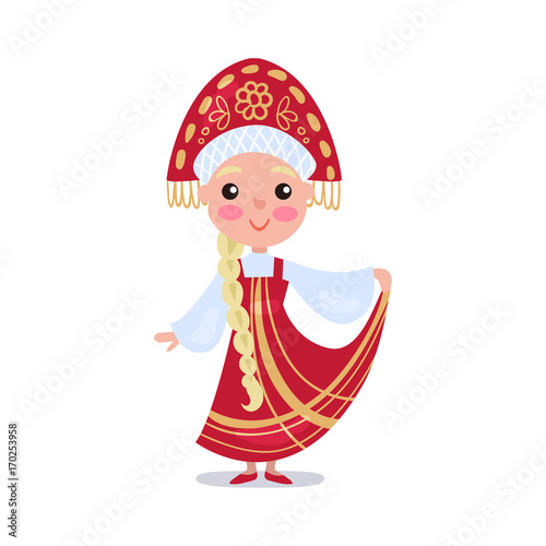 Little girl wearing red sarafan and kokoshnik, kid in national costume of Russia colorful vector Illustration