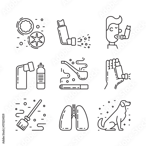 Vector icons on the theme of asthma isolated on white background in outline style. Medical illustration of the topic of asthma, icons of the person with asthma and asthmatic cough stimuli