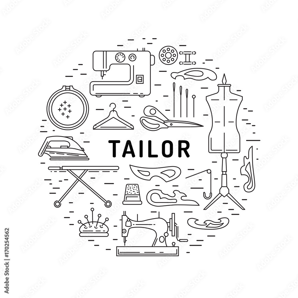 SEWING ACCESSORIES. Set of vector tailor icons isolated on white