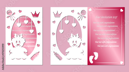 laser cutting, bear cub, heart, toy, pacifier, children traces, crown, pink, white, paper,