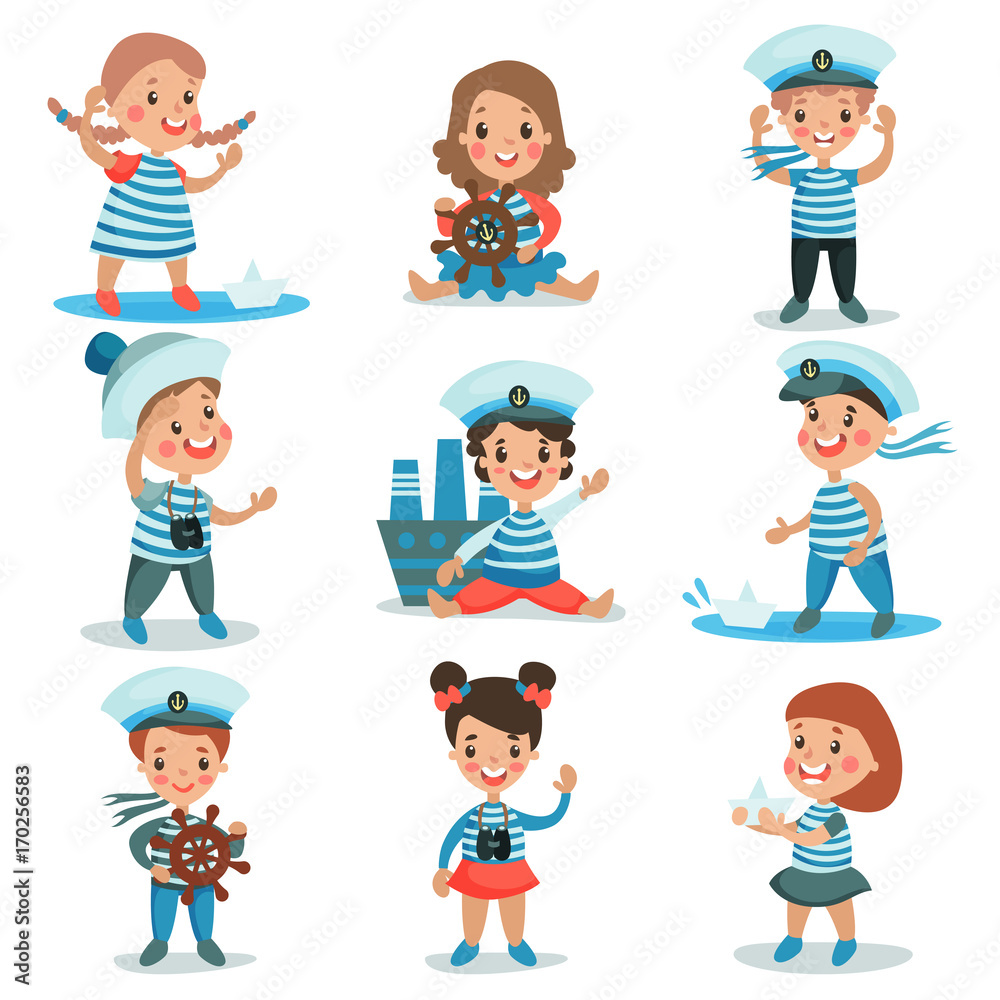 Cute little kids in sailors costumes playing and dreaming of sailing set of colorful vector Illustrations Cute little kids in sailors costumes playing and dreaming of sailing set of colorful vector Illustrations