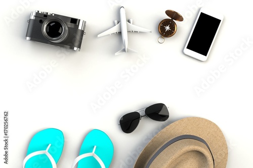 Top view of Traveler's accessories on white table background, Essential vacation items, Travel concept, 3D rendering