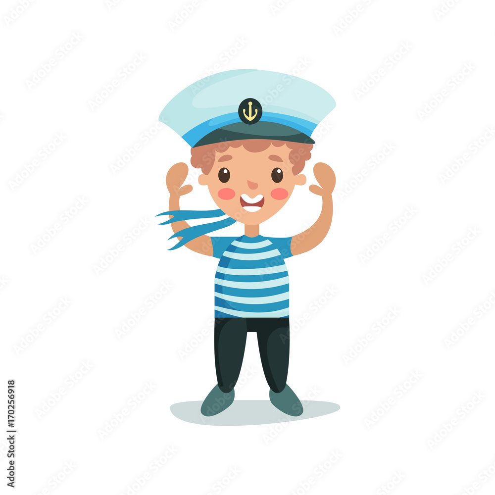 Cute happy little boy in sailors costume, kid dreaming of becoming a sailor vector Illustration