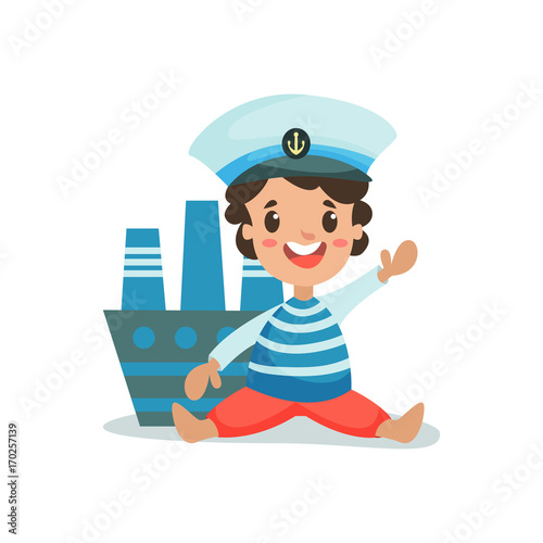 Cute happy little boy in sailors costume sitting next to a toy ship, kid dreaming of becoming a sailor vector Illustration
