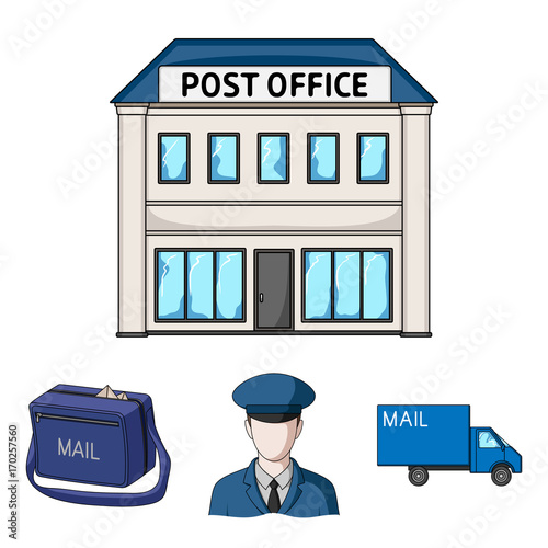 The postman in uniform, mail machine, bag for correspondence, postal office.Mail and postman set collection icons in cartoon style vector symbol stock illustration web.