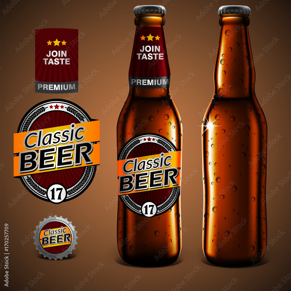 Mock Up beer label design, bottle and glass of beer with droplets of moisture. Highly realistic illustration with the effect of transparency. Mock Up beer label design, bottle and glass of beer with droplets of moisture. Highly realistic illustration with the effect of transparency.