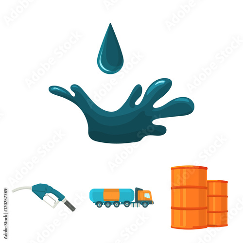 Truck with a cistern, barrels of fuel, a refueling gun, a drop of oil. Oil industry set collection icons in cartoon style vector symbol stock illustration web.