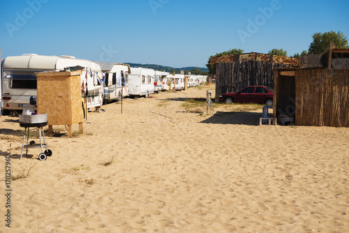 Camping place on the beach with caravans. Campers on the sand, Black sea, Bulgaria
