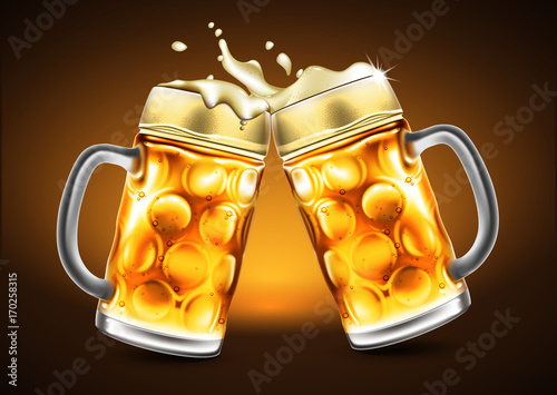Traditional glasses of beer with droplets of moisture. Highly realistic illustration with the effect of transparency.