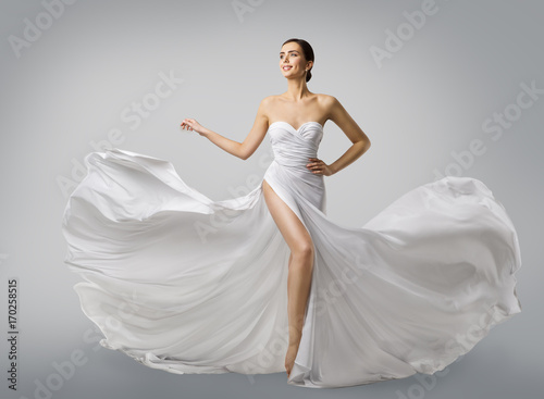 Woman White Dress, Fashion Model Bride in Long Silk Wedding Gown, Elegant Flying Fabric, Fluttering Cloth