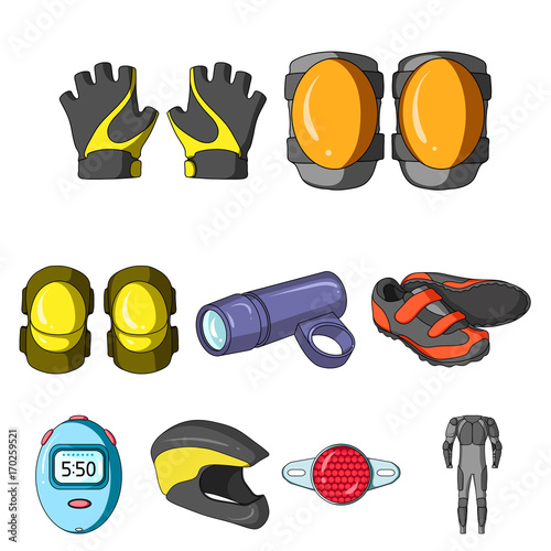 Icons of Cycling, bike. Set for bike, backpack protection, repair, form. Cyclist outfit icon in set collection on cartoon style vector symbol stock illustration.